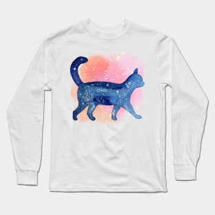 Cool aesthetic galaxy cat watercolor illustration design Long Sleeve T-Shirt